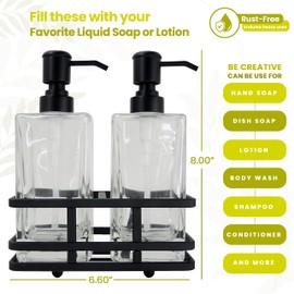 Square Glass Clear Lotion and Soap Pump Dispenser Set with Metal Stand Caddy for Bathroom Bath Kitchen Home Office Travel Hotel Hand Crafted Heavy Weight Matte Black