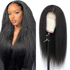 Lakaisa Human Hair Wig, Yaki Wave Human Hair, 4 x 1 Lace Natural Black Wig, Women's Real Hair, Glueless Wear and Go Pre Plucked with Baby Hair, Low Shedding for Women, 71 cm