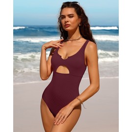 Charmo Ribbed One Piece Swimsuits for Women Cutout Scoop Neck Bathing Suit High Cut Padded Monokini, #1c Dark Red, Large