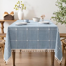 ZeeMart Boho Grid Table Cloth with Tassels (Blue, 52" x 70"), Heavy Weight Linen Checked Embroidered Farmhouse Tablecloth, Water Resistant Rectangle Dusty Blue Tablecloths