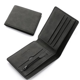 YEVON Mens Slim Wallet with Coin Pocket – Leather Black Wallet with Card Holder & Banknote Compartments – Compact Mens Wallets for Business Work or Travel