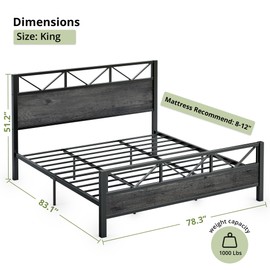 LIKIMIO King Bed Frame, Tall Industrial Headboard 51.2 ", Platform Bed Frame with Strong Metal Support, Solid and Stable, Noise Free, No Box Spring Needed, Easy Assembly, Charcoal Grey