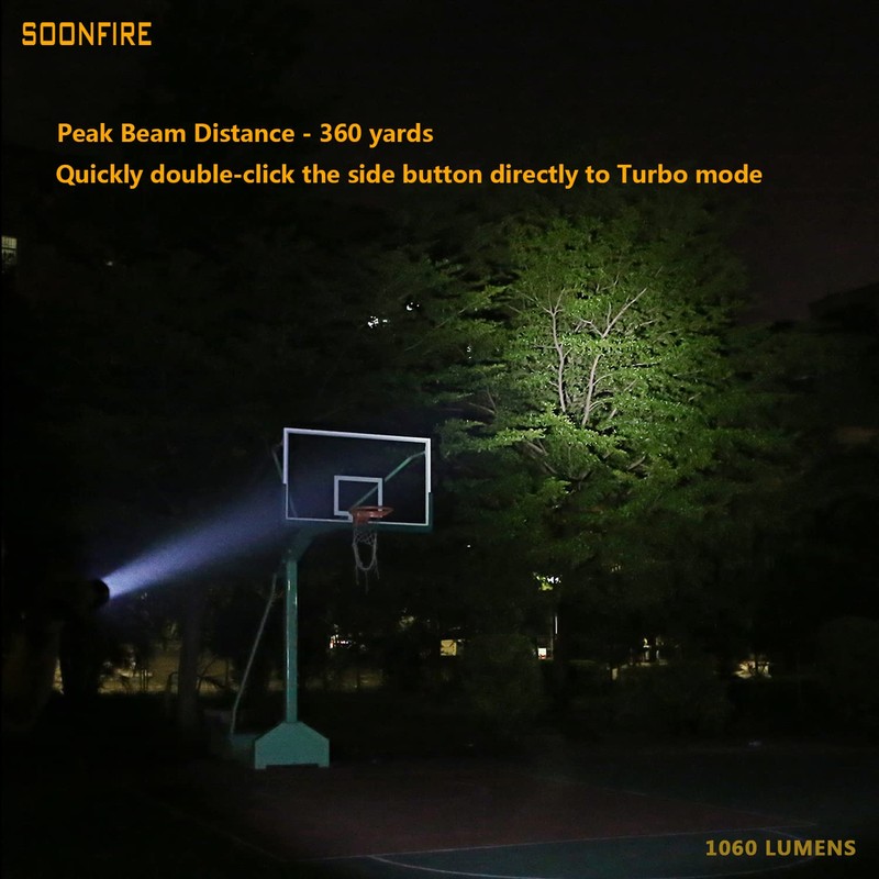 soonfire MX65 Tactical Flashlight 1060 Lumens Built-in a Fast Charging