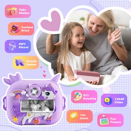 Euakee Children's Camera Instant Camera 48MP 2.4 Inch Instant Camera Children with 32G Card & 3 Rolls Printer Paper, Digital Camera Children with 5 Coloured Pens, Gifts for Boys Girls 3-12 Years
