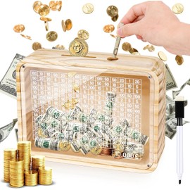 Kkluno £10,000 Cash Vault Wooden Savings Box, Wooden Money Box, Coin Counter Piggy Bank for Kids Adults, Money Box with Clear Panel, Reusable Cash Saver Box with Money Target and Numbers