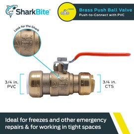 SharkBite 3/4 Inch PVC x 3/4 Inch CTS Ball Valve, Push to Connect Brass Plumbing Fitting, PEX Pipe, Copper, CPVC, PE-RT, HDPE, 25550LF