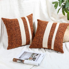 Howdy Textile Set of 2 Brown Patchwork Throw Pillow Covers Linen Farmhouse Square Cushion Cases Woven Decorative Faux Leather Pillowcases Home Decoration for Couch Sofa Bedroom Chair 18 x 18 Inch