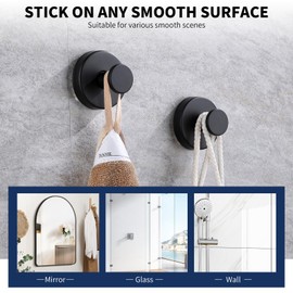 Neknock Suction Cup Hooks for Shower, Towel Hooks for Bathroom Kitchen Glass Mirror Tile, Stainless Steel Suction Hooks for Hanging Towel Coat Loofah Robe up to 15 lbs, 2 Pack (Black)
