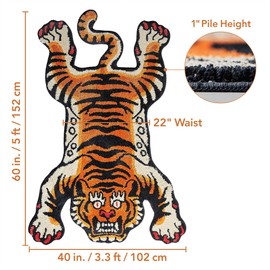 5x3.3 ft Tibetan Tiger Area Rug Tufted High Pile XLarge Indoor Machine Washable Carpet with Nonslip TPR Backing - Bedroom, Bathroom, Living & Dining Room Home Décor, Orange