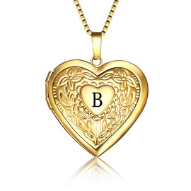 GOKING Letter B Locket Necklace that Holds Pictures, Gift for Mom Grandma, 18K Gold Plated Initial Alphabet Heart Photo Necklace