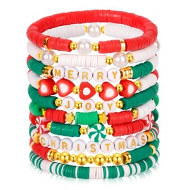 LUYI 10 PCS Christmas Bracelets for Women Holiday Friendship Heishi Surfer Bracelets Disc Clay Beaded Stretch Bracelets Christmas Jewelry Gifts Party Supplies Decor