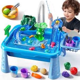 JUKUDAHU Water Table Play Sink Toy for Kids 2 3 4 5 6 Years Old - Outdoor Kitchen with Running Water, Fishing Games, Toddler Water Play Table for Kids Ages 3-8, Beach Outdoor Toys, Summer Gifts