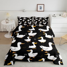 Homewish Cute Duck Full Size Comforter Set,Cartoon Farmhouse Livestock Animal Bedding Comforters Bedroom Collection,Kawaii Goose Hand Drawn Black Bedding Set for Girls Teens