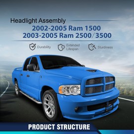 PIT66 LED Headlights Assembly, Front Headlamps Compatible with 2002-2005 Dodge Ram 1500/2003-2005 Ram 2500 3500 Clear Lens Chrome Housing Amber Reflector