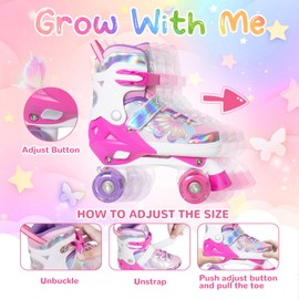 Kids Roller Skates for Girls Boys - Rose Red for Teenagers Youth Age 10 11 12 - Adjustable All Light up Wheels Butterfly and Flower Indoor Outdoor Sports Birthday Gift for Son and Grandson