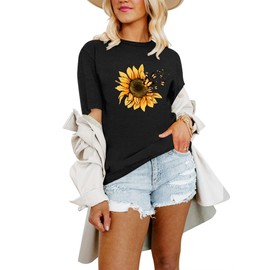 Anbech Graphic Tees for Women - Womens T Shirts Short Sleeve Cute Boho Vintage Loose Fit Casual Summer Tops Trendy 2025 Black Sunflower