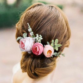 Fangsen Wedding Ivory Boho Pink Orange Rose Flower Hair Clips Floral Hair Accessories for Brides and Bridesmaids Silver