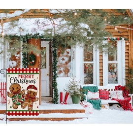 EKOREST Merry Christmas Garden Flags for Outside, Xmas Gingerbread Man with Buffalo Plaid Small Seasonal Decoration for Winter Yard Outdoor Décor 12x18 Inch Double Sided