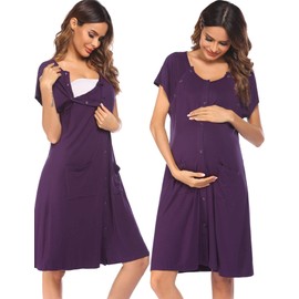 Ekouaer 3 en 1 Labor/Entrega/Hospital Vestido de Lactancia de Maternidad Camisón de Ropa de Dormir para Lactancia con Botón S-XXL, Púrpura, M