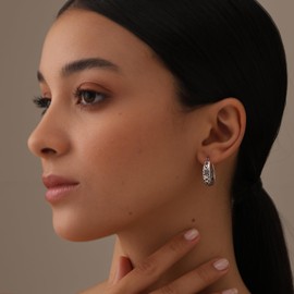 LeCalla 925 Sterling Silver Filigree Hoop Earrings | Hypoallergenic Trendy Antique Jewelry | Small Oval Mesh Filigree Heart Click-Top Earring Hoops for Women - 24MM