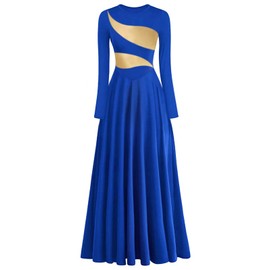 yrsZX Women's Praise Dance Dress Leaf Gold Metallic Long Sleeve Liturgical Worship Lyrical Dance Costume Church Robe Tag XL, Royal Blue