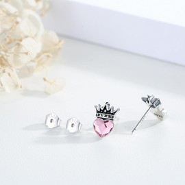 TRISHULA Crown Earrings 925 Sterling Silver Queen Heart Pink Crystal Stud Earrings Princess Crown Earrings Crown Jewelry Gift for Women Daughter Granddaughter Niece, Sterling Silver, No Gemstone