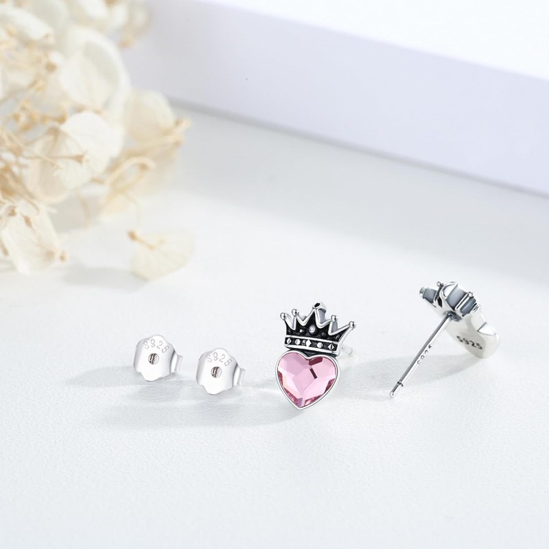 TRISHULA Crown Earrings 925 Sterling Silver Queen Heart Pink Crystal