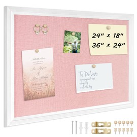 DOLLAR BOSS Bulletin Board with Linen 24'' x 18'' White Framed Cork Boards for Walls, Photo Display Pin Board, Decorative Corkboard for Office Home School Girls Dorm Decor with 10 Pushpins, Pink