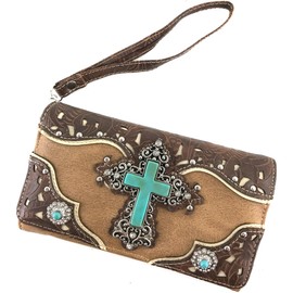 Justin West Tooled Leather Laser Cut Turquoise Rhinestone Cross Concho Studded Shoulder Tote Handbag Purse (Tan Brown Wallet)