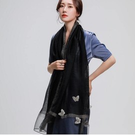 HURESON Women Mulberry Silk ScarfEmbroidered Butterfly Shawls and Wraps for Evening Dresses Beach Gauze Blanket Scarves Lightweight (Black)