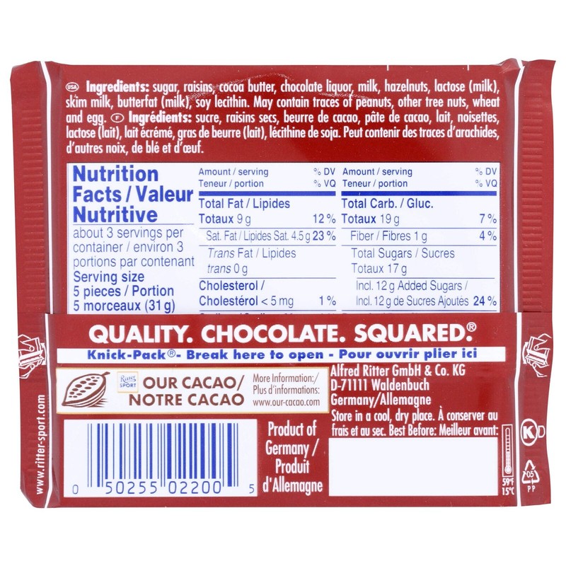 Ritter Sport, Raisin & Hazelnut Chocolate Bar, 3.5 oz