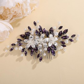 Teyglen Flower Rhinestone Bridal Hair Comb Wedding Crystal Hair Piece Silver Flower Purple Crystal Wedding Hair Comb Vintage Flower Headpiece for Bride Wedding Hair Accessories for Women(Purple)