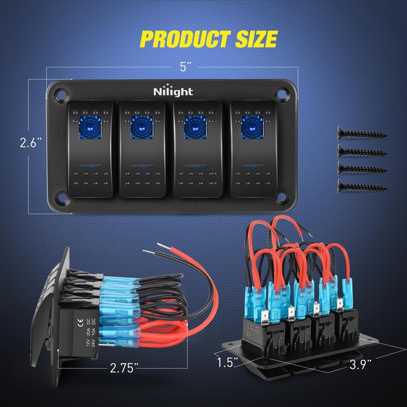 Nilight - 90109D 4 Gang Aluminum Rocker Switch Panel Toggle