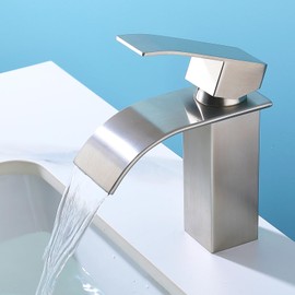 SevenGelok Bathroom Sink Faucet Brushed Nickel Waterfall Bathroom Faucet 1 Hole 【SUS304 Stainless Steel】 Faucet for Bathroom Sink Vanity Restroom Faucet Single Hole Bathroom Faucet NO Lead, SF1-BN