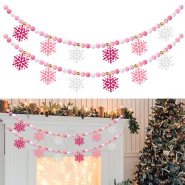 Breling 2 Pack 8.2Ft Christmas Snowflake Banner Pink White Felt Snowflake Garland with Pom Poms for Xmas Tree Fireplace Wall Window Decorations Winter Holiday Party Favors
