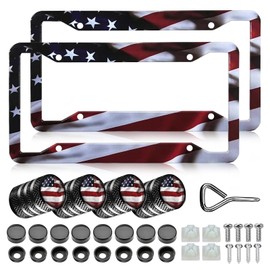 American Flag License Plate Frames - 2 Pack Front Rear Patriotic Matte Gloss Stars Stripe US Flag Stainless Steel Car Tag Frame Holder Covers with 4 Fluttering Flag Valve Stem Caps, Screws Fasteners