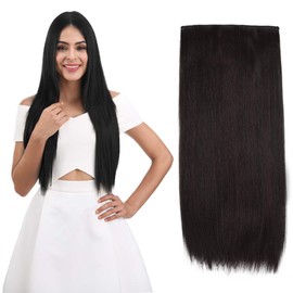 REECHO 24" Straight Clips in hair extensions Clips on HE008 Hairpieces Synthetic Hair Extensions for Women 5 Clips per Piece - Black Brown