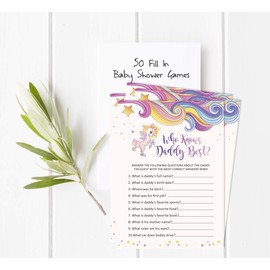 Inkdotpot Unicorn Gender Neutral 50 Pack Who Knows Daddy Best Baby Shower Game Cards Fun Activity Cards