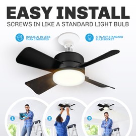 Bell+Howell Socket Breeze Socket Fan Light with Remote, Portable Small Ceiling Fans with Lights for Bedroom, Kitchen, Living Room, Ceiling Fan with Light 3500K, 1000 Lumens, Screws into E26/E27