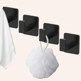 Hapforever 4 Pack Square Self Adhesive Towel Hooks, Matte Black Bath Towel Hook No Drilling Bathroom Towel Hook Aluminum Heavy Duty Wall Hooks for Bathroom Bedroom Kitchen (2 Inch,Matte Black)