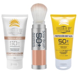 FOTOSUN UV 100 3-Pack FPS 50+, protector solar facial y corporal, fotoprotección UVA y UVB, todo tipo de piel, uso diario, incluye Solar Brush, Adaptive Color y Facial