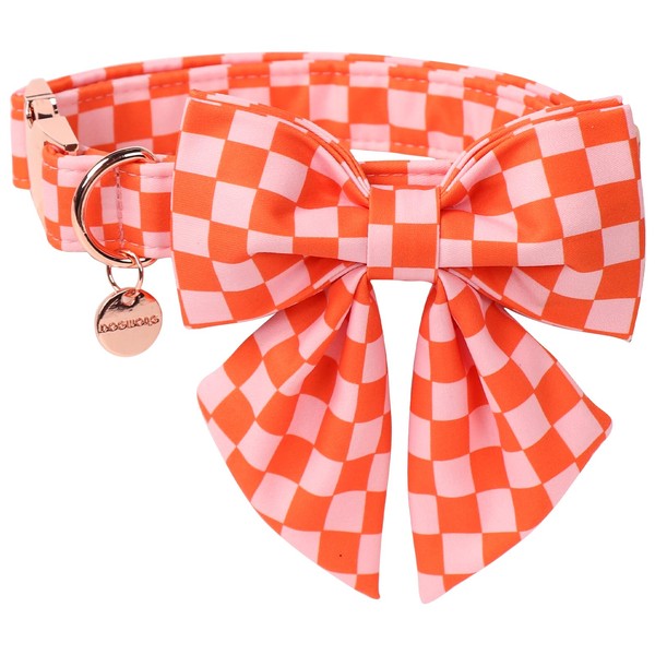 DOGWONG Orange Pink Plaid Dog Collar with Bow - Adjustable
