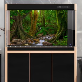 Forest Aquarium Background Jungle Rainforest Stream Fish Tank Background Lush Green Trees with Moss Terrarium Background Forest Stream Rock Theme Reptile Habitat Background Poster Vinyl 24x16in