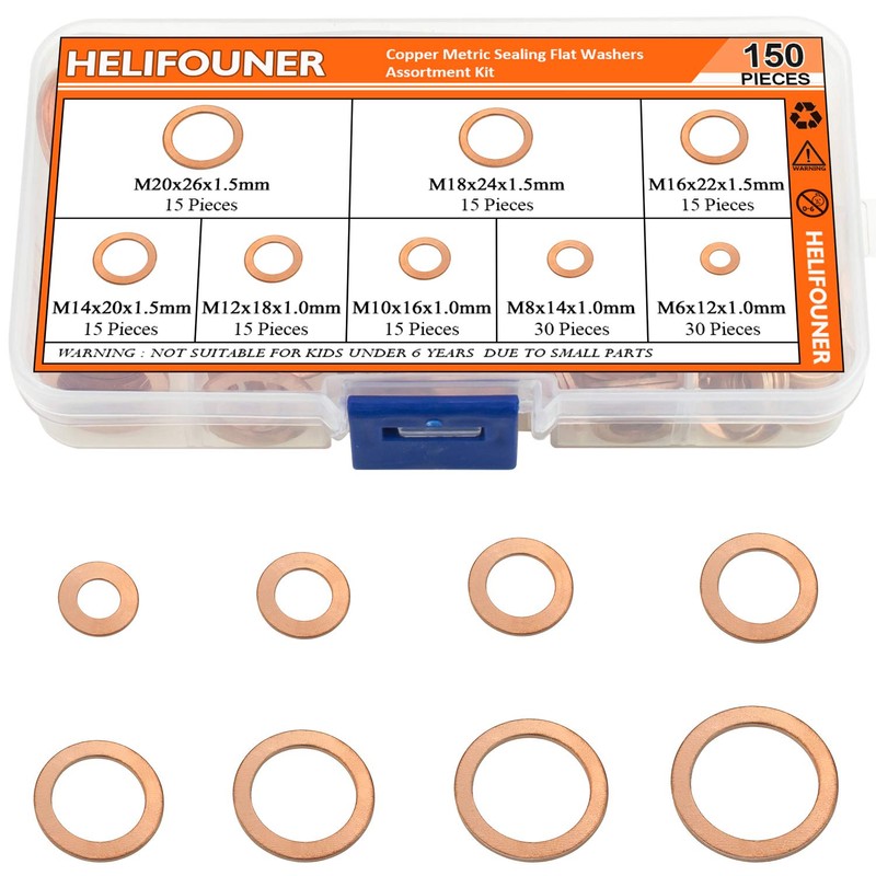 HELIFOUNER Copper Washers, 150PCS 8 Sizes Copper Metric Sealing Washers