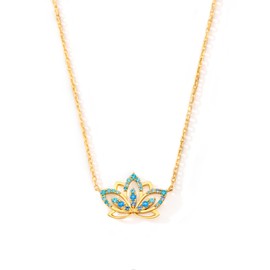 STORYJEWELLERY Gold Necklace for Women, Brass Lotus Flower Pendant Necklace, Blue Charm Necklace for Women, Dainty Gold Necklaces Non Tarnish, Gifts for Birthday Graduation Retirement