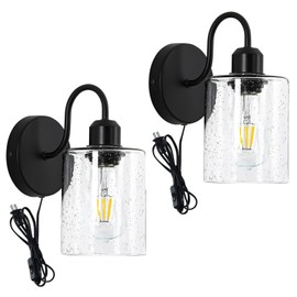 Gwiazdy Plug in Wall Sconces Set of Two, Black Vanity Lights for Bathroom, Metal Modern Wall Lighting Fixtures with Seeded Glass Shade, Farmhouse Wall Lamp for Home Decor Bedroom Mirror Hallway