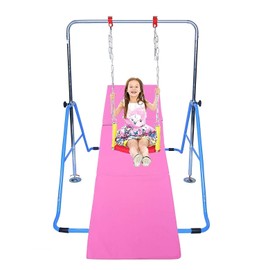 Athletic Bar Jungle Gym Gymnastics Kip Bar Deluxe Swing Set + 2x6 Gymnastics Mat, Playground Playset Horizontal Gymnastics Monkey Bars Expandable Junior Training Bar Foldable Blue