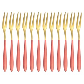 uxcell 12 Pcs Pickle Fork, 5.2 Inch Olive Fork with Long Handle, Stainless Steel Cocktail Forks, 2-Tine Fork for Dessert Cocktail Fruit and Vegetable Red Gold