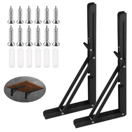 Swpeet 2 Pack 14" Folding Shelf Bracket, Heavy Duty DIY Wall Mounted Shelf Bracket Max Load 440 lb, Stainless Steel Decorative L Bracket Kit Contains 16/19MM Screw, Anchors for Table Work Bench, Black