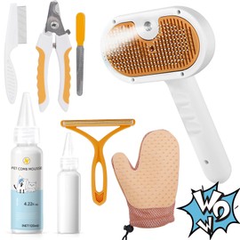 Dog Steam Brush Kit 3-in-1Cat Water Mist Spa Brush with Spritz Defur Comb Pet Grooming Set Shedding Glove, Flea Comb, Couch Carpet Hair Removal Tool, Nail Toenail Clippers Nail File Shampoo-8PCS